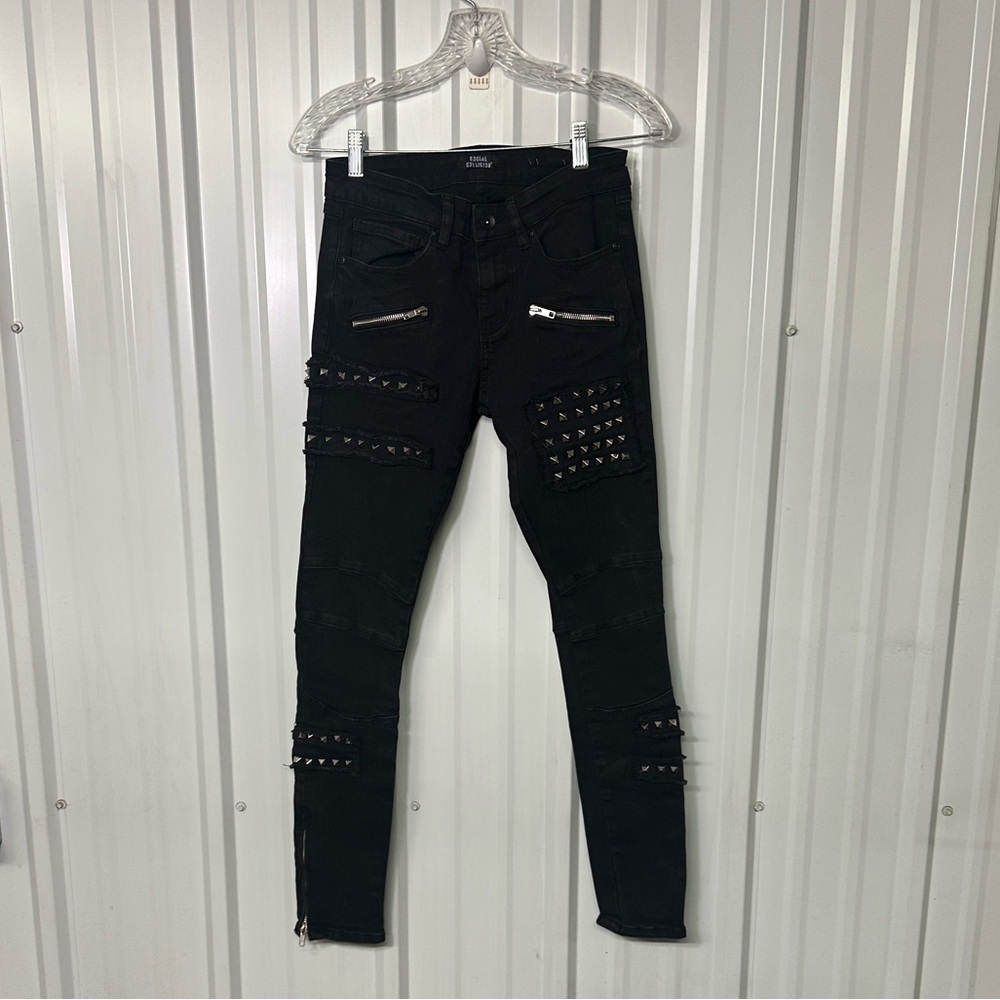 Social Collison Black Studded Skinny Jeans Punk Rock Moto Goth Rocker Pants